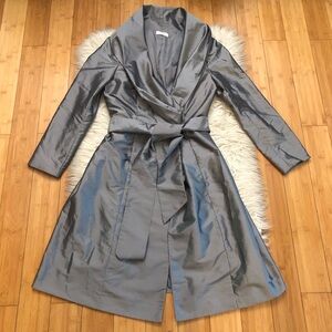 Calvin Klein Drapy Shawl Neck Shining Metallic Dressy Silver Trench Coat size S